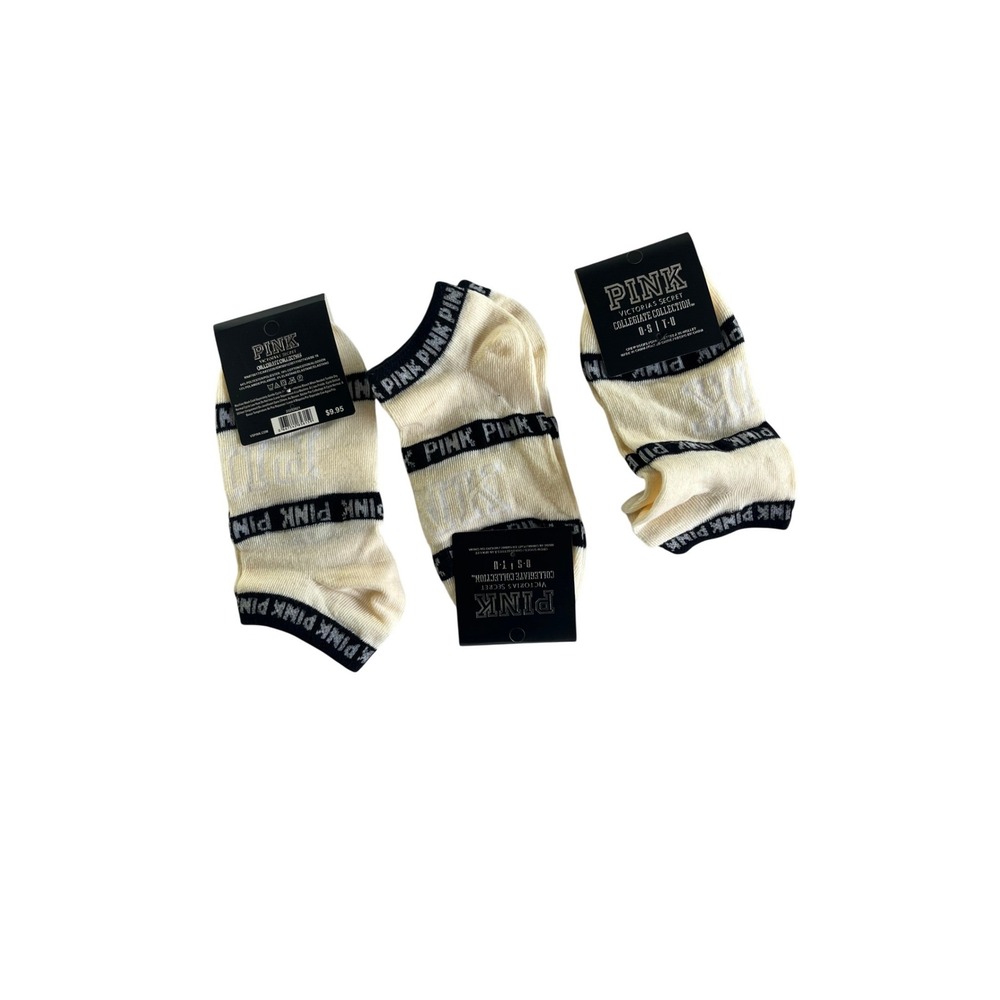 Victoria's Secret PINK Collegiate Ankle Socks 3 Pack Cream Black Logo One Size